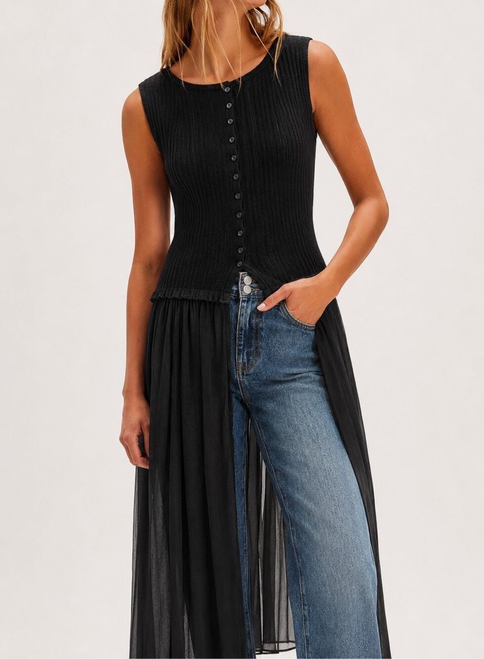 Free People Black Ribbed Sleeveless Button Front Sheer Tunic Top, Med $198